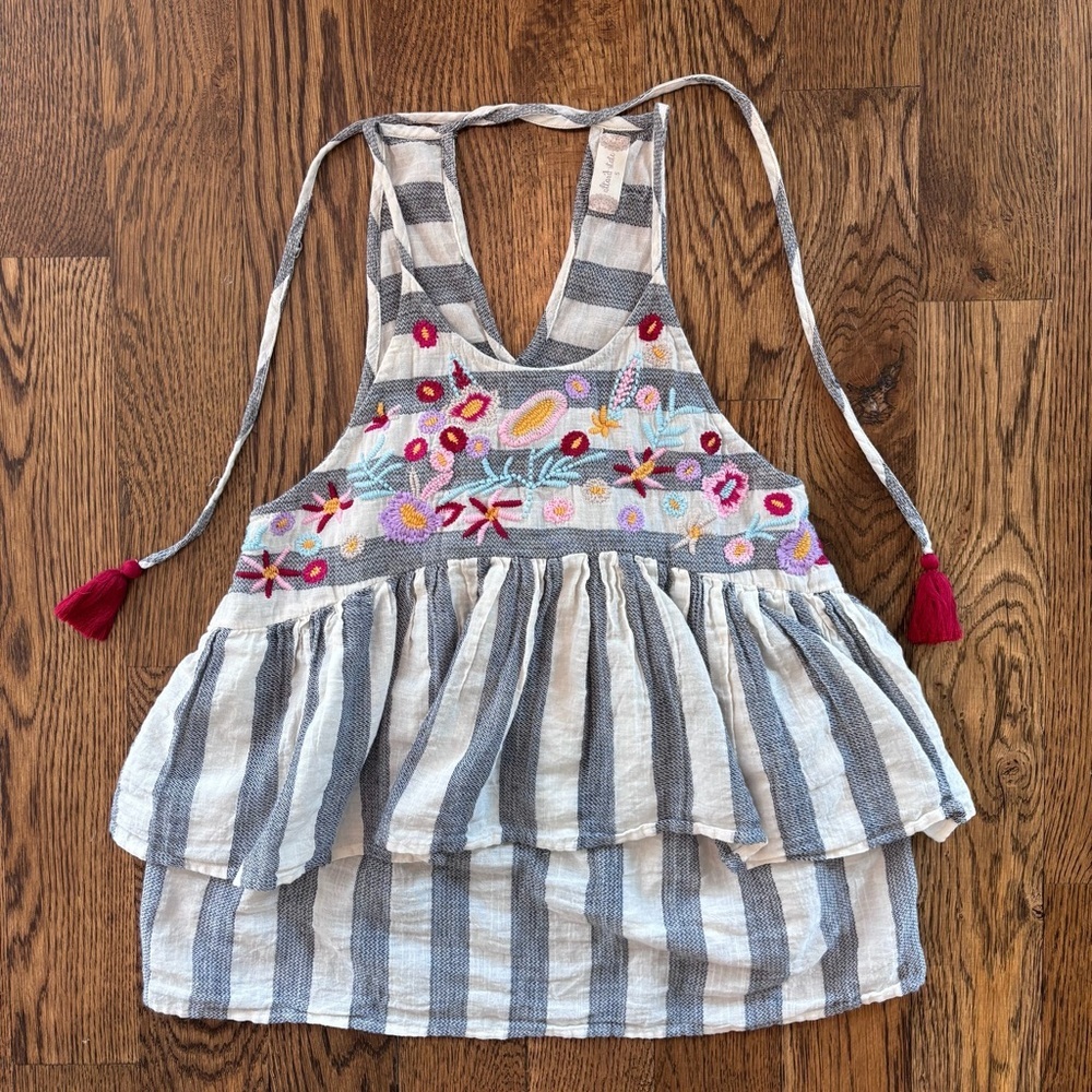 Altar'd State Striped Embroidered Peplum Boho Tank Top with Tassels Tie Small